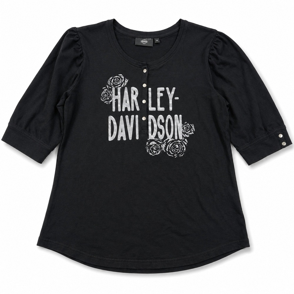 Harley-Davidson Henley Graphic Top Puff Sleeve Black Women's XL Cotton